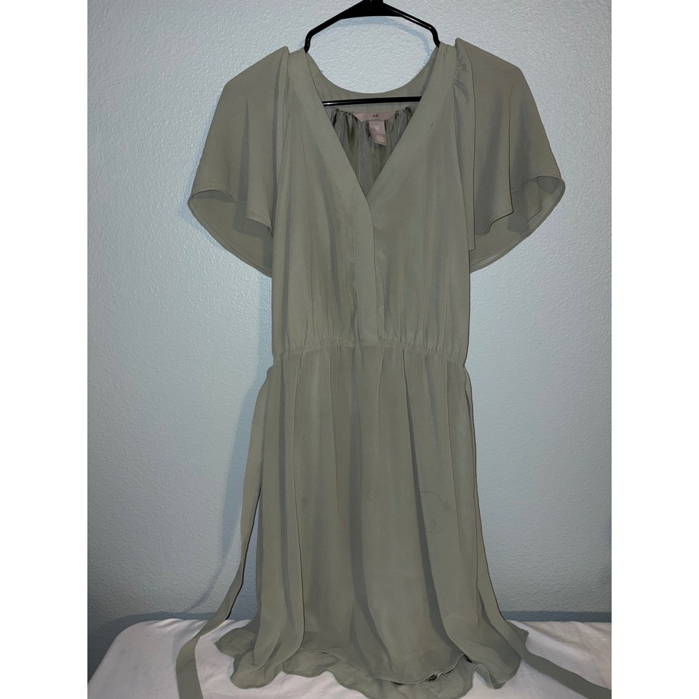 H&M Sage Green V-Neck Flutter Sleeve Elastic Waist Tie Belt Dress Small